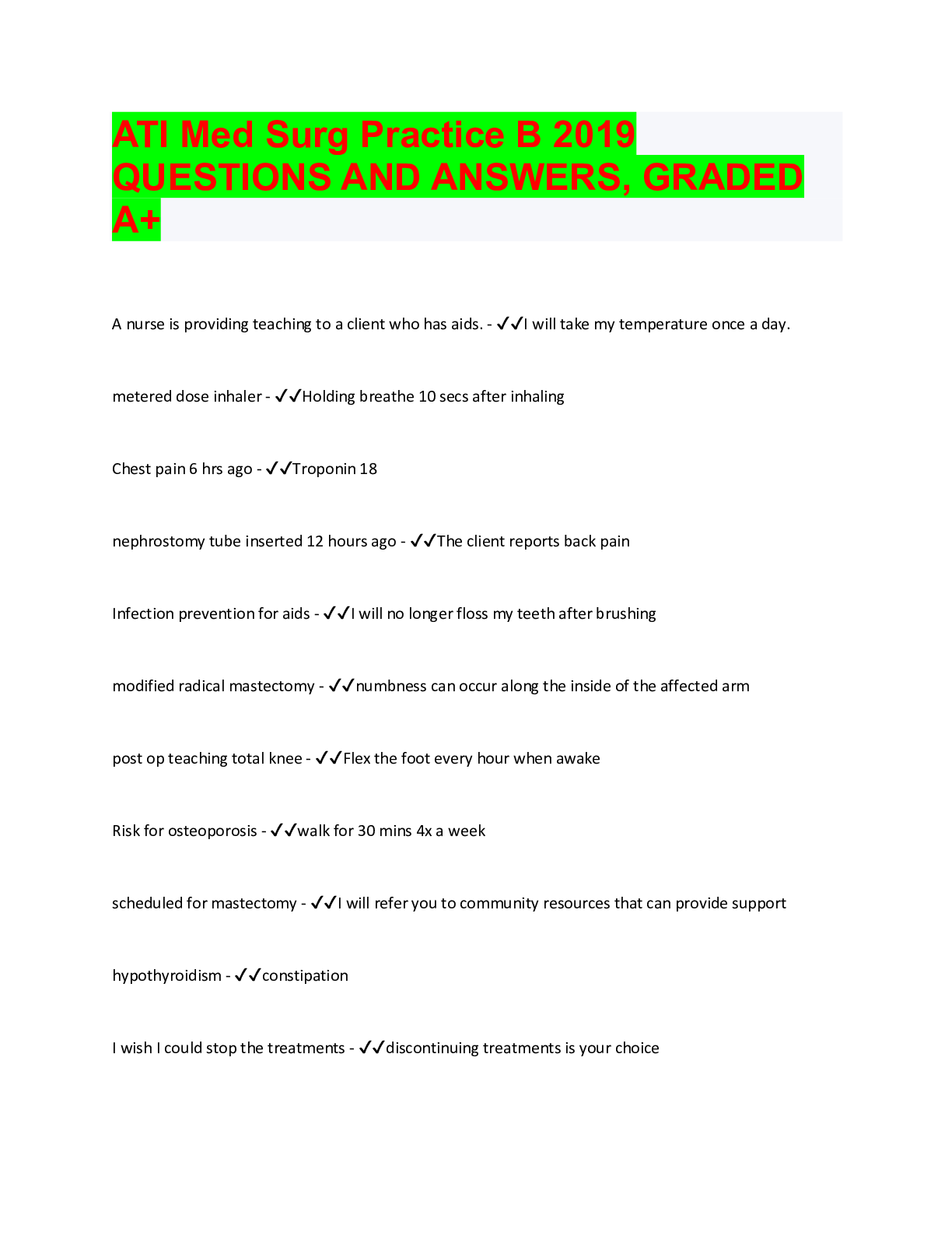 Preview image for ATI Med Surg Practice B 2019 QUESTIONS AND ANSWERS, GRADED A+